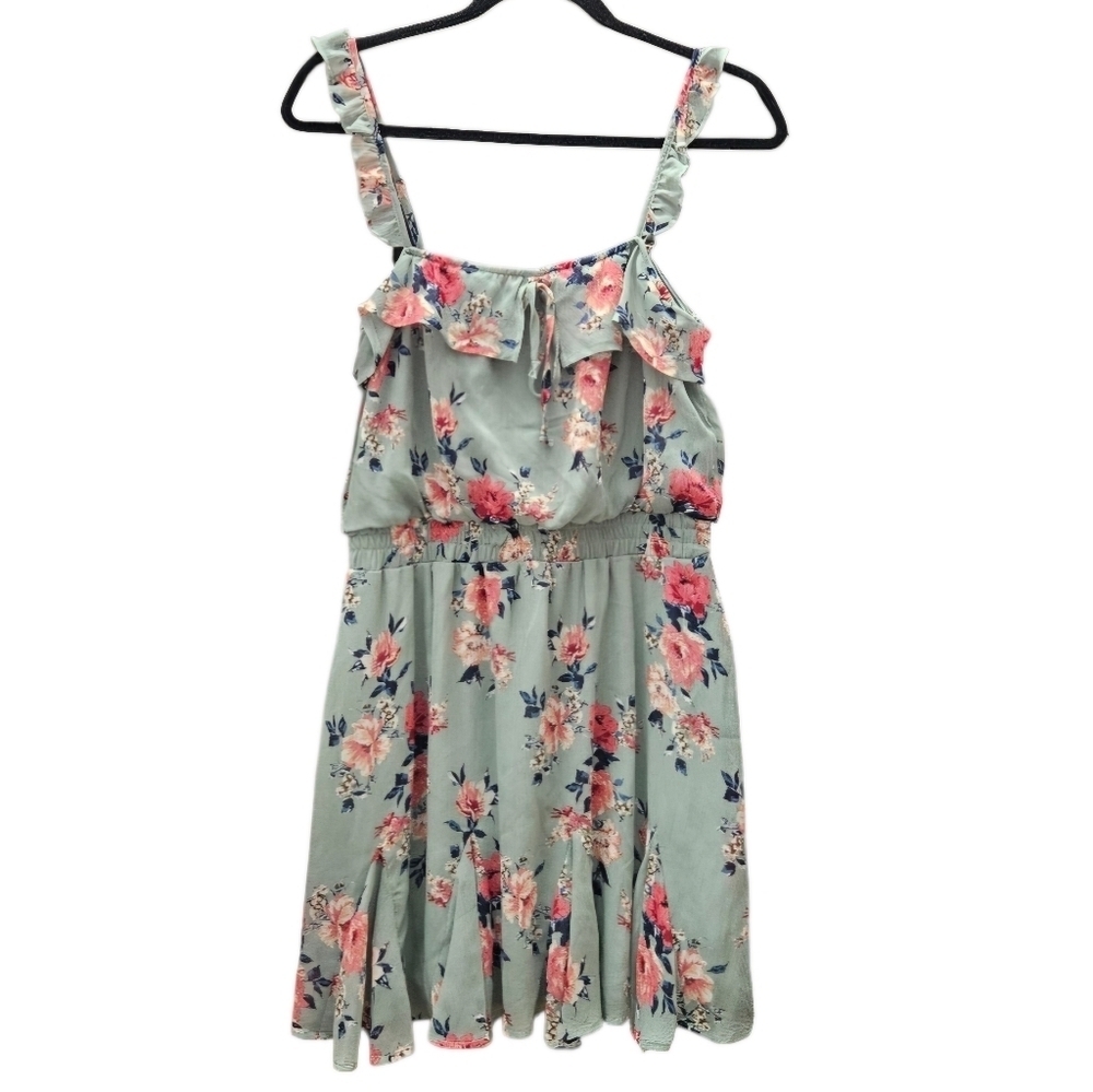 Trixxi Mini Ruffled Dress Floral Minty Green Elastic Waist Sleeveless sz Medium